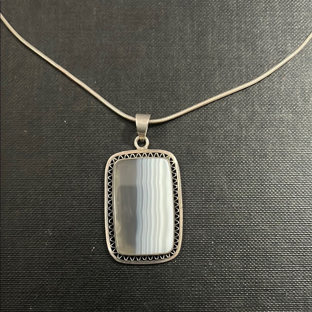 Modern Silver Necklace With Rectangular Pendant - image 2
